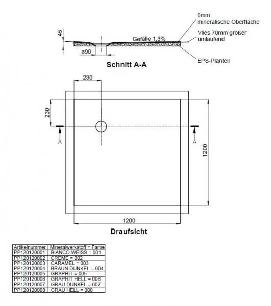 Schedel barriere freie Dusche - Duschboard - Duschwanne Mineraloberfläche 1200x1200 mm Ablaufposition 230/230 mm